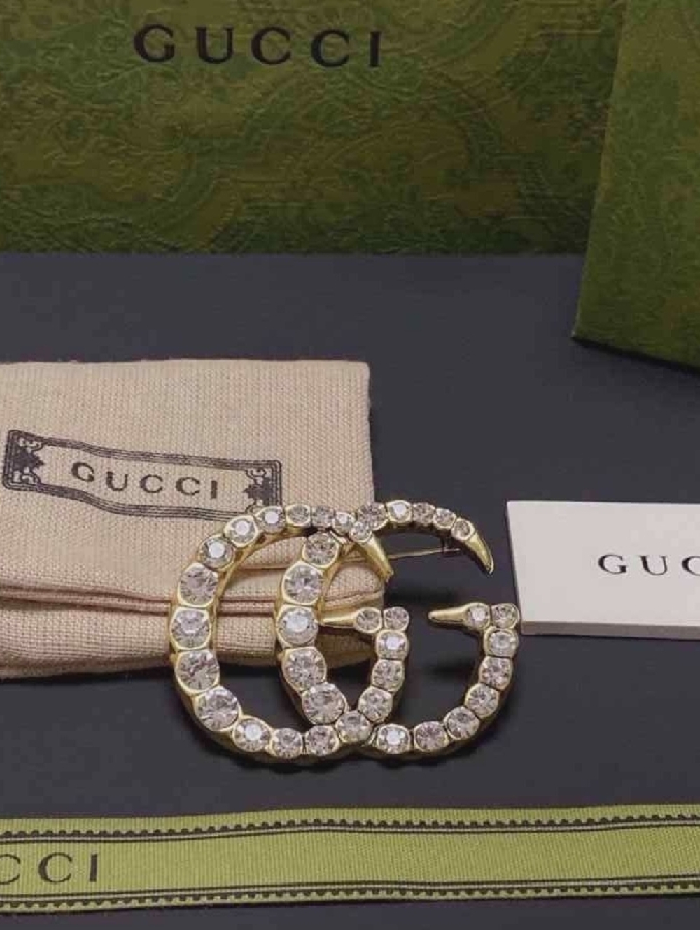 Gucci Gold-Tone Crystal Double G Pin Brooch - Picture 2 of 7